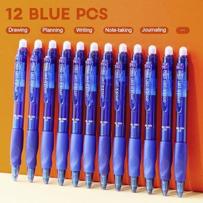 12 Pack Clicker Erasable Gel Pens, Fine Point (0.5mm), Blue Ink with Eraser, Make Mistakes Disappear, Soft Grip for Students, Writing, Note Taking, School & Office Supplies - color: 12 Blue