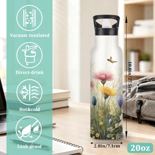 Flower Insulated Water Bottle,Butterfly Stainless Steel Water Bottles 20 oz with Straw Lid,Leak Resistant Double Wall Insulated Flask with Handle for Travel Outdoor Gym - color: Flower,Butterfly
