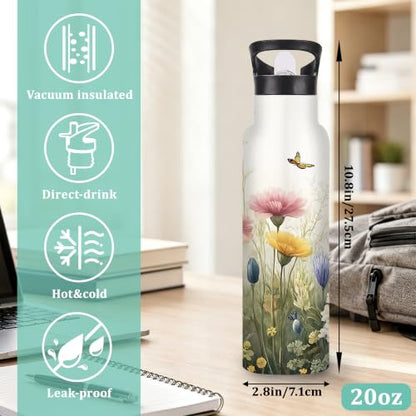 Flower Insulated Water Bottle,Butterfly Stainless Steel Water Bottles 20 oz with Straw Lid,Leak Resistant Double Wall Insulated Flask with Handle for Travel Outdoor Gym - color: Flower,Butterfly