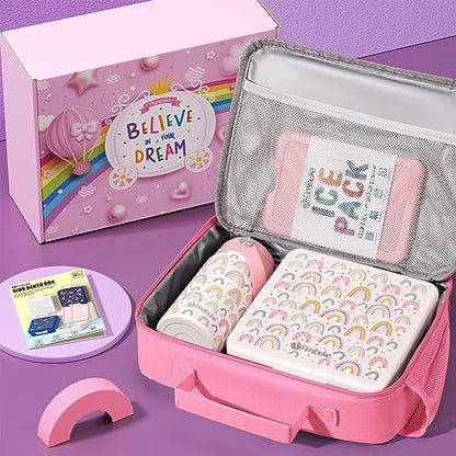 Fimibuke Kids Bento Lunch Box with 4 Compartments, Insulated lunch Bag, Stainless Steel Insulated Water Bottle, Ice Pack & Utensils Set, Birthday Gifts for Ages 3-12 Back to School Toddler Girls Boys - color: A10. Rainbow