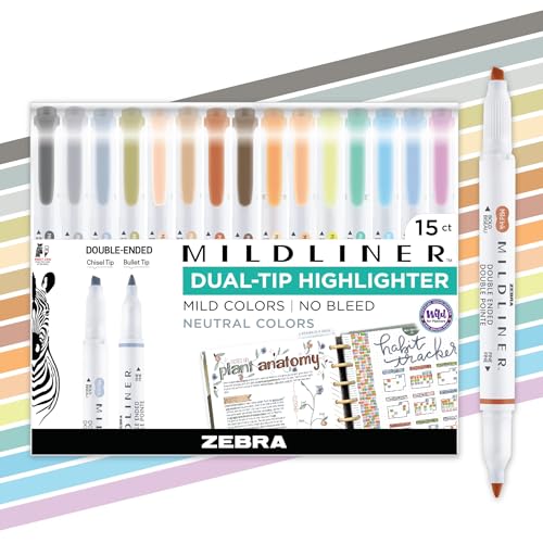 Zebra Pen Mildliner Dual-Tip Highlighter Set, Broad and Fine Point Tips, No Bleed, Ideal for Bible Highlighting, Journaling, School and Office Supplies, Neutral Vintage Ink Colors, 15-Pack (78315) - color: Neutral Vintage E, size: 1 Count (Pack of 15)