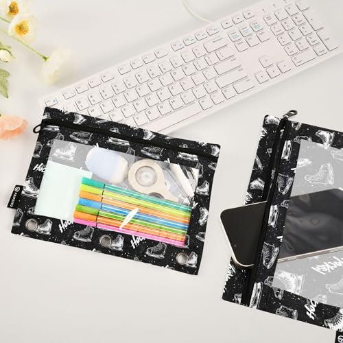 Black Hockey Player Binder Pouches 3 Ring for Boys Girls School Office College Supplies Slapshot Sports Ice Ball Pencil Pouches Case Bag with Clear Window and Zipper 2 Pack - color: Black Hockey