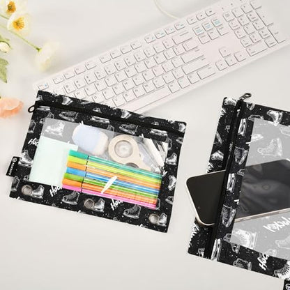 Black Hockey Player Binder Pouches 3 Ring for Boys Girls School Office College Supplies Slapshot Sports Ice Ball Pencil Pouches Case Bag with Clear Window and Zipper 2 Pack - color: Black Hockey