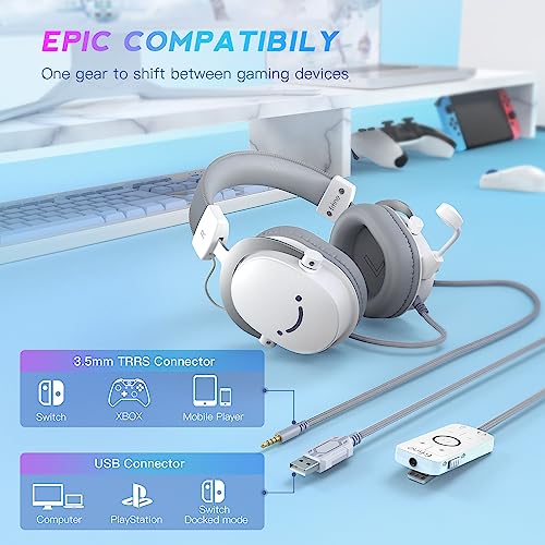 FIFINE USB PC Gaming Headset with 3.5mm Audio Jack, Detachable Microphone, 7.1 Surround Sound, Volume Control, Streaming Over-Ear Wired Headphones for Computer, PS5, Controller, Xbox-H9 White - color: White