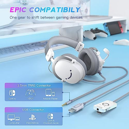 FIFINE USB PC Gaming Headset with 3.5mm Audio Jack, Detachable Microphone, 7.1 Surround Sound, Volume Control, Streaming Over-Ear Wired Headphones for Computer, PS5, Controller, Xbox-H9 White - color: White
