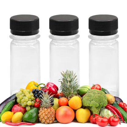 30 PCS 2 oz Plastic Juice Bottles with Lids | Empty Clear Milk Bottles with Lids, Beverage Containers for Juice, Milk and Other Drink - size: 2 oz / 60 ml (30 Count)