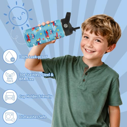 Hiboss Airplane Gifts for Boys, 16oz Kids Blue Water Bottle with Straw Lid, Stainless Steel Insulated Pilot Cup Tumbler, Aviation Lovers Birthday Gifts for School Sport Travel - color: Airplane