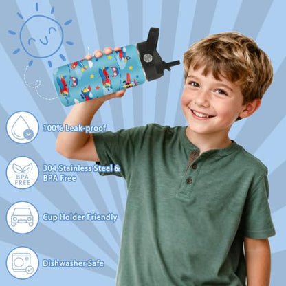 Hiboss Airplane Gifts for Boys, 16oz Kids Blue Water Bottle with Straw Lid, Stainless Steel Insulated Pilot Cup Tumbler, Aviation Lovers Birthday Gifts for School Sport Travel - color: Airplane