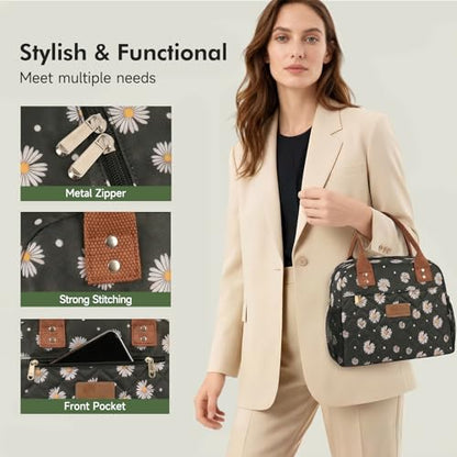 HOMESPON Insulated Lunch Bag for Women Men, Cooler Tote Box, Black Daisy | Front Pocket, Side Mesh Pockets, Reusable, for Work, Picnic, Food Container - color: Black Daisy