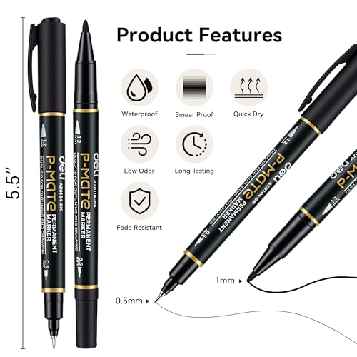 deli Twin Tip Permanent Markers, Fine Point and Ultra Fine Point for Signature and Marking, Black, 12 Count