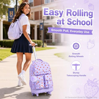WZLVO 3PCS Roller Backpack, Water Resistance Girls Wheeled Bookbag, Women Aesthetic Rolling School Bag Set with Lunch Box & Pencil Bag for Teens & Kids - Purple Strawberry - color: 3pcs Girls Rolling Backpack - Purple Strawberry