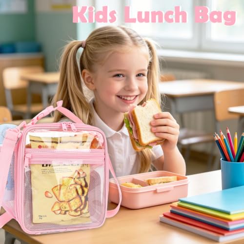 FlowFly Kids Lunch box Insulated Soft Bag Mini Cooler Back to School Thermal Meal Tote Kit for Girls, Boys, PinkClear - color: PinkClear