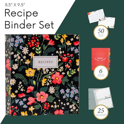 Jot & Mark 8.5"" x 9.5"" 3 Ring Recipe Binder with 50 Matching 4x6 inch | 50 Recipe Cards + 25 Sleeve Protectors + 5 Full-Page Sleeves + 6 Divider Tabs | 8.5x9.5 3-Ring - color: Midnight Bloom, size: 8.5" x 9.5"