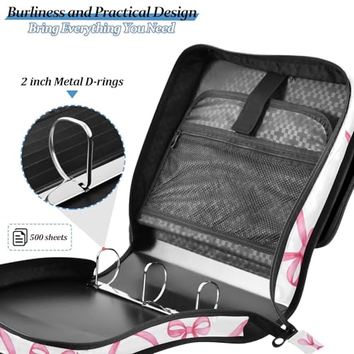 Pink Bows Zipper Binder 3 Ring with Handle and Shoulder Strap, 500 Sheet Binder Organizer Capacity & Multi-Pockets for School Office - color: Aa05