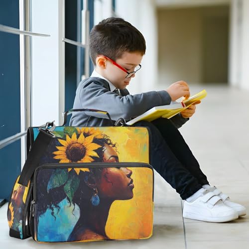 3 Ring Zipper Binder Sunflower Black Girl Binders Bag with Shoulder Strap 500 Sheets Paper Organizer Trapper Keeper Documents Storage File Folder for School Office - color: A1129