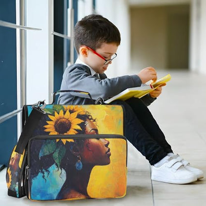 3 Ring Zipper Binder Sunflower Black Girl Binders Bag with Shoulder Strap 500 Sheets Paper Organizer Trapper Keeper Documents Storage File Folder for School Office - color: A1129