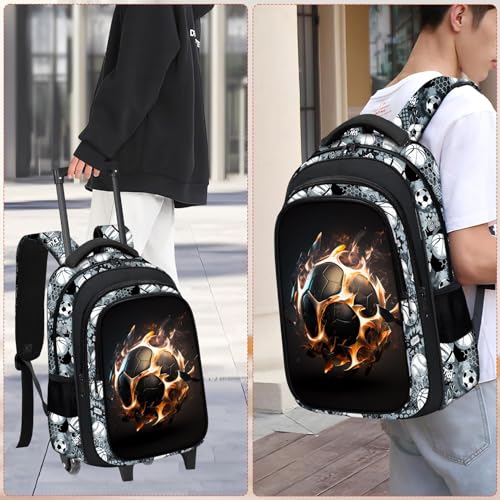 Boys Rolling Backpack for Kids - Soccer Kids Rolling Backpack with Wheels for Elementary Middle School Students - Sport Roller School Bookbag Aged 6-18, Wheeled Travel Bag Large Capacity - color: Soccer-002-backpack Only