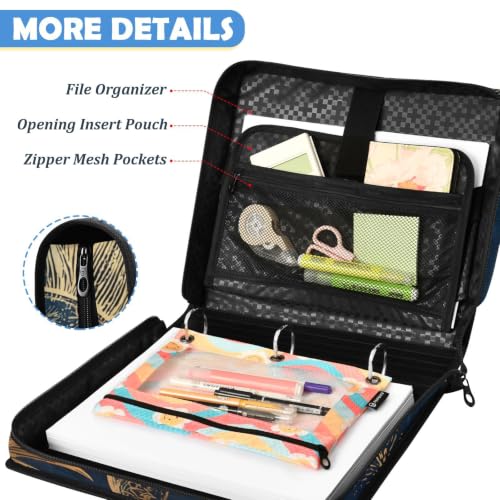 Custom Binder Bag Personalized Retro Moon and Sun 3 Ring Zipper Binder Bag with Laptop Pockets and Shoulder Strap Tote Binders Organizer Case for School Office - color: Custom Moon and Sun