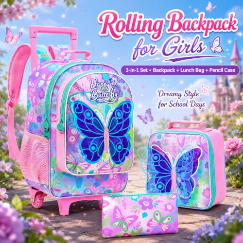 WZLVO 3PCS Roller Backpack for Girls, 18" Sparkling Butterfly Print Kids Rolling Backpack, Includes Matching Lunch Bag & Pencil Bag - Butterfly with Wings (Pink) - color: 3pcs Girls Rolling Backpack - Butterfly With Wings