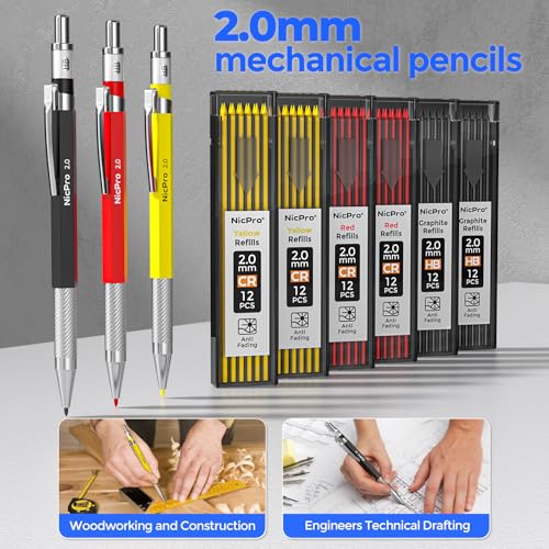 Nicpro 44Pcs Carpenter Pencil with Sharpener, Carpenter Tool in Canvas Case | 169 Refill,Carpenter Pencil Set with 6 Deep Hole Long Nib Marker Pen, Scribe Tool, Construction Pencils for Architect Marking - size: 44 Pack