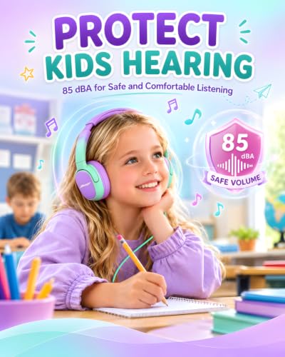 Jimonyer Kids Headphones with Safe Volume Limited for School Travel | 3.5mm Wired, Foldable, Stereo Sound On-Ear Headset for iPad Computer Boys Girls (GreenPurple) - color: GreenPurple