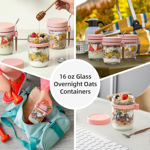 LANDNEOO 4 Pack Overnight Oats Containers with Lids and Spoons, 16 oz Glass Mason Jars with Airtight Lids, Overnight Oats Jars for Milk, Cereal, Fruit-Pink - color: Pink