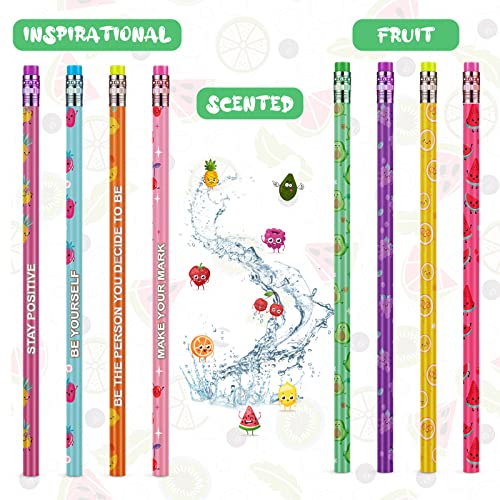 Leinuosen 200 Pcs Scented Pencils for Kids Cute Motivational Colorful Fun Wood HB Pencils Bulk with Erasers Fruit Elements for School Office Classroom Student