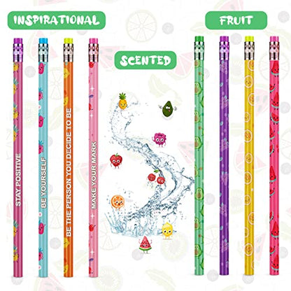 Leinuosen 200 Pcs Scented Pencils for Kids Cute Motivational Colorful Fun Wood HB Pencils Bulk with Erasers Fruit Elements for School Office Classroom Student