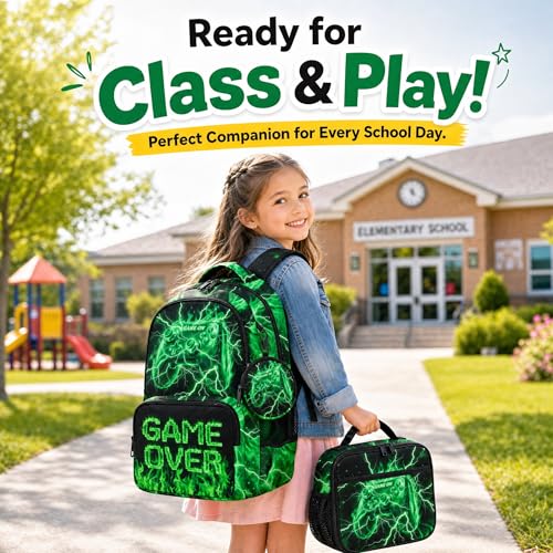 Game Backpack Set for Boys Kids – 17" Large Capacity Gaming School Bag with Lunch Box, Pencil Bag and Coin Purse (Green) - color: Green-1