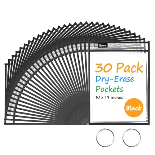 GNL Dry Erase Pocket Sleeves 30 Packs, Reusable Clear Plastic Ticket Holders with Rings, Durable & Easy-to-Erase Sheet Protectors, Black 10x14 Inch for Classroom & School Teacher Supplies - color: Black, size: 30 Packs