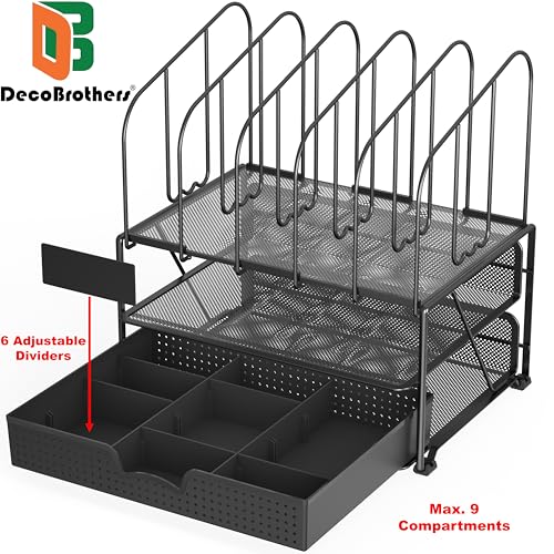 Deco Brothers Mesh Desk Organizer with Double Tray, 5 Upright Sections and Sliding Drawer, Black | Sliding Drawer with Adjustable Dividers, Black - color: Black