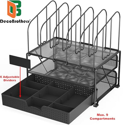 Deco Brothers Mesh Desk Organizer with Double Tray, 5 Upright Sections and Sliding Drawer, Black | Sliding Drawer with Adjustable Dividers, Black - color: Black