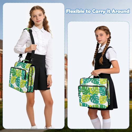 Monstera Leaves Zipper Binder with 2 Inch D-Rings Expandable File Portfolio with Shoulder Strap, Waterproof Nylon Organizer for 14" Laptop for Work College Travel
