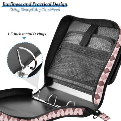Brown Pink Diamond Checkered Plaid Striped Binder Bag 3 Ring Zipper Binders with Shoulder Strap for School Office Organizer Storage - color: Q010