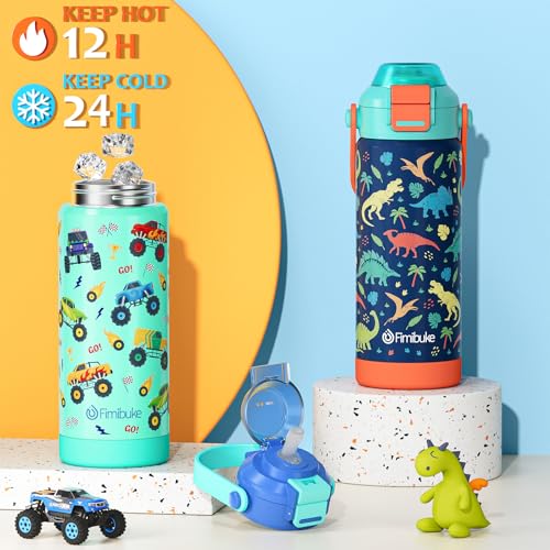 Kids Insulated Water Bottle with Pop-Open Straw & Spout 2-in-1 Lid, 18oz Leak Proof 18/8 Stainless Steel Vacuum Tumbler, BPA-Free Kids Cup For Travel School Boys Girls Toddler, Dinosaur & Monster Car - color: A4.Dinosaur+Monster Car, size: 18 Ounces