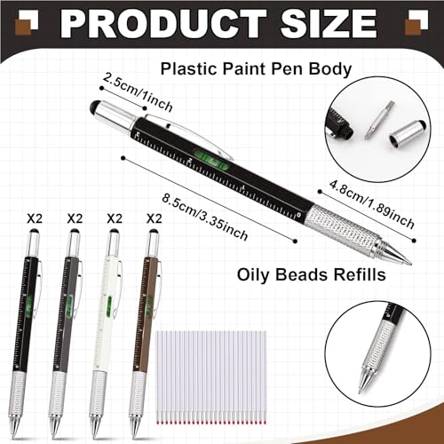 Zhanmai 8 Pcs 6 in 1 Multitool Pen Bulk Gift for Men Multi Tool Pen with Ruler Level Screwdriver Stylus Cool 20 Ink Refill Tool Gadget Birthday Christmas Stocking Stuffers (Black White Gray Brown) - color: Black, White, Gray, Brown