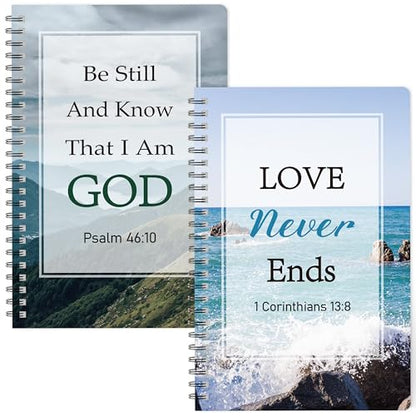 Xqumoi 2Pack A5 Natural Scenery Religious Spiral Notebooks - Love Never Ends Bible Verses Notebooks, Ruled Lined Journal, Inspirational Christian Christmas Gift, Sunday School Supplies - style: G-Mountain Sea