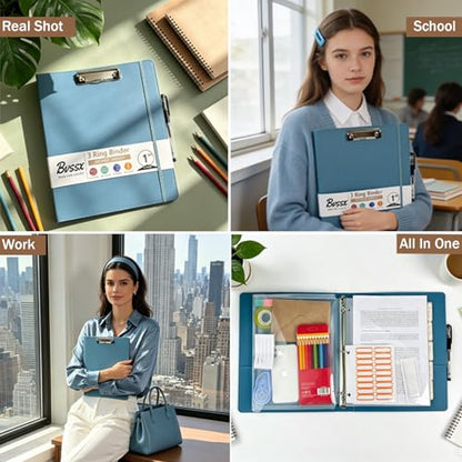2 Inch 3 Ring Leather Binder Organizer, BVSSX Three Ring Binders with Clipboard, Plastic Folder, 5-Tabs Pocket Dividers with Sticker Labels, Pen Loop, Elastic Strap (Blue, Letter Size) - color: 4-blue, size: 2in（Letter Size）