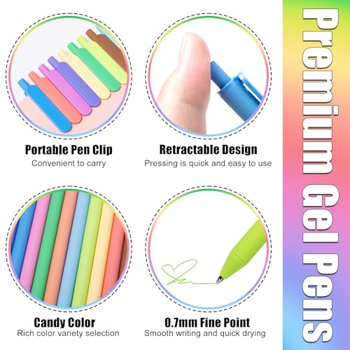 Drawdart Gel Pens 12 Colors Retractable Quick Dry Ink Pens Fine Point 0.7mm, Smoooth Writing Pens Multicolor for Journaling, Drawing, Doodling, and Note Taking, Multicolor, 12-Count