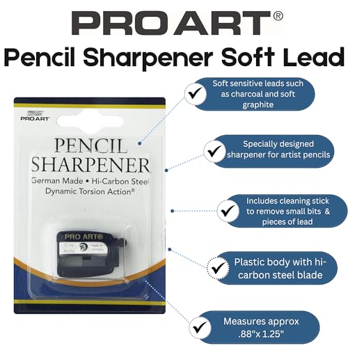Pro Art Soft Lead Pencil Sharpener – Handheld Sharpener for Charcoal & Graphite, Plastic Body, Hi-Carbon Steel Blade, with Cleaning Stick, .88"x 1.25" Compact Size