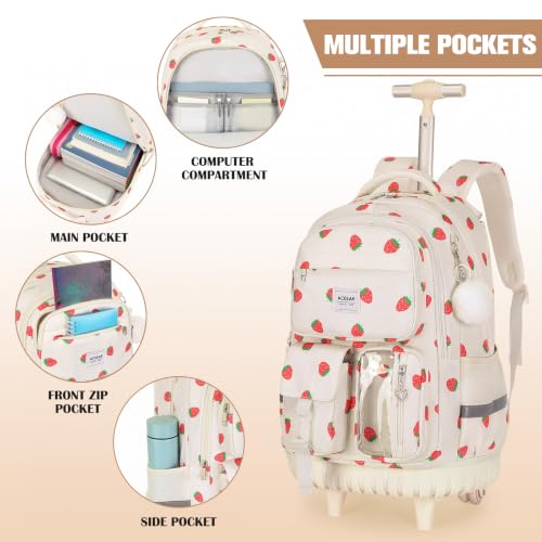 ACESAK Rolling Backpack for Girls, Roller Backpack with Lunch Bag & Pencil Pouch for Teen Girls Kids, Bookbag Backpack with Wheels for Women Elementary Middle High School Travel (Beige Strawberry) - color: Beige Strawberry