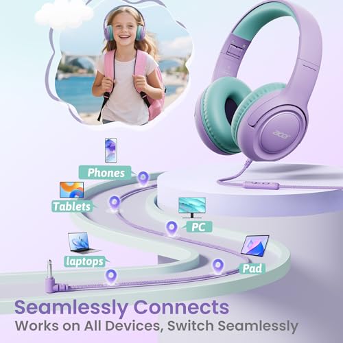 acer Kids Headphones - Over-Ear 85/94dB Volume Limiter, 3.5mm Jack Foldable Stereo Sound Headset for Toddlers Girls Boy Travel Learning Entertainment Tablet Kindle iPad PC Purple Green, HK03 - color: Purple Green