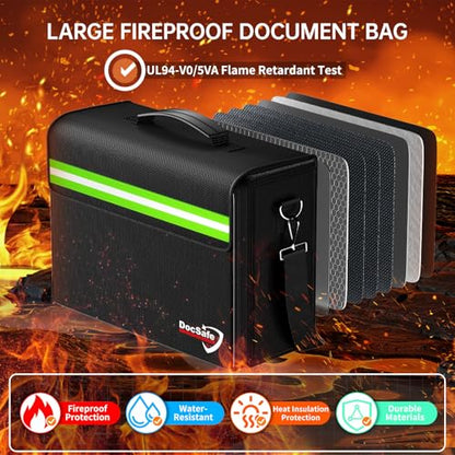 DocSafe 5200°F Large Fireproof＆Wate-Resistant Document Bag with Multiple Pockets,(17”x12.5”x7.2”) File Storage Organizer Important Document Holder - style: 17x12.5x7.2”+green Reflective Strip