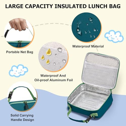Bento Lunch Box for Kids with Thermos, Leakproof Bento Box with 8oz Insulated Food Jar, Insulated Bottle, Lunch Bag, BPA Free Dishwasher Safe 4 Compartment Container for School Girls Boys (Green)