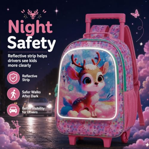 gxtvo Girls Rolling Backpack, Cute Deer Roller Wheels Kids Bookbag - Wheeled Elementary School Bag - 3PCS Deer - color: Uv Printing Clouds Sika Deer Rolling Backpack