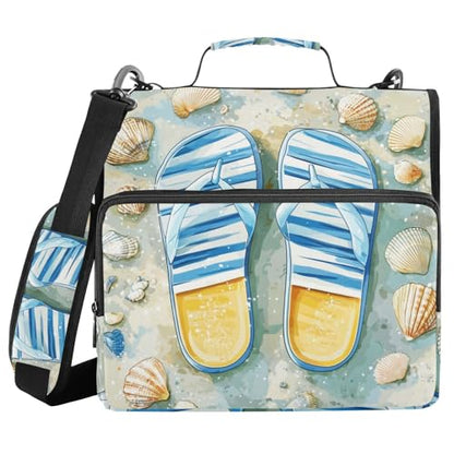 Flip-Flops Seashell Beach Pattern 3 D-Ring 2 inch Zipper Binder Bag with Shoulder Strap, Multi-Pocket Portfolio Organizer Case for 13 Inch Laptop Middle School - color: Flip-flops Seashell Beach Pattern