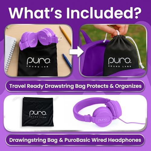 Puro Sound Labs Kids Wired Headphones – Volume-Limiting & Adjustable, Safe & Comfortable Headphones for Kids – Compatible with PCs, Smartphones & Tablets, Ideal for School & Travel – PuroBasic, Purple - color: Purple