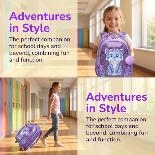 Kids Rolling Backpack for Girls Cat Trolley Suitcases Luggage with Wheels Bookbag Wheeled 3pcs on Lunch Box Pencil Case Elementary Teenagers Purple for Girls Age 5-12 - color: Purple-0130-maomi