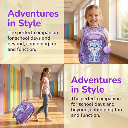 Kids Rolling Backpack for Girls Cat Trolley Suitcases Luggage with Wheels Bookbag Wheeled 3pcs on Lunch Box Pencil Case Elementary Teenagers Purple for Girls Age 5-12 - color: Purple-0130-maomi
