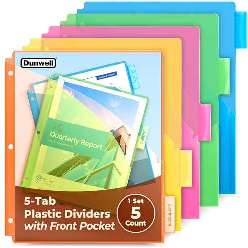 Dunwell Plastic Binder Dividers with Front Pocket (5 Tab), Clear Slash Single Pocket Divider with Tabs, 3 Ring Binder Pockets with Index Tab, Acid-Free, Notebook Dividers Include Label Inserts - size: 1 Set (5 pcs), style: 1 Pocket